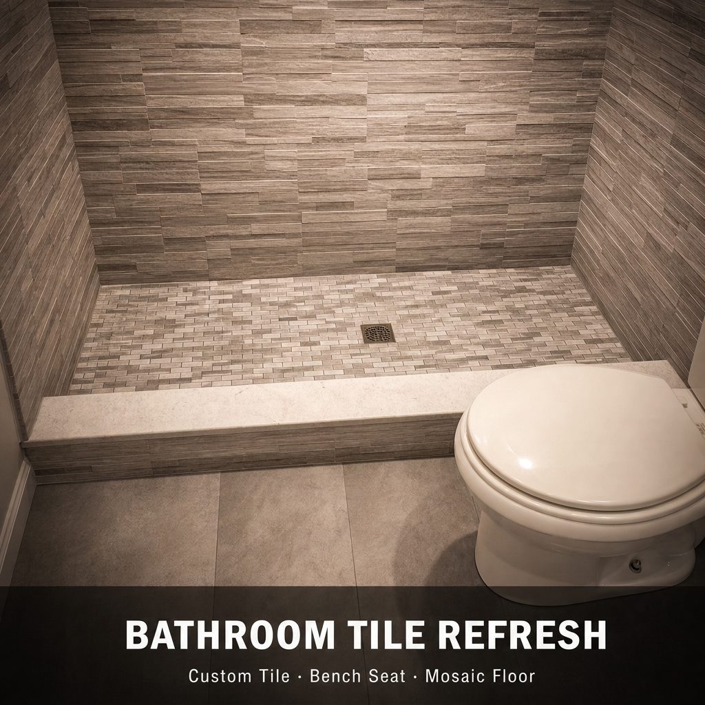 Recent work in Broward — bathroom: custom tile work, bench seat and mosaic floor